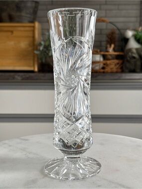 Vintage Cut Crystal Pedestal Bud Vase Starburst Pattern